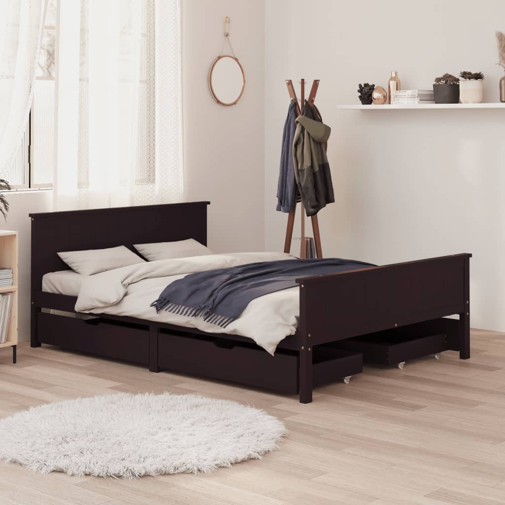 Berkfield Bed Frame with 4 Drawers Dark Brown 140x200 cm Solid Wood Pine