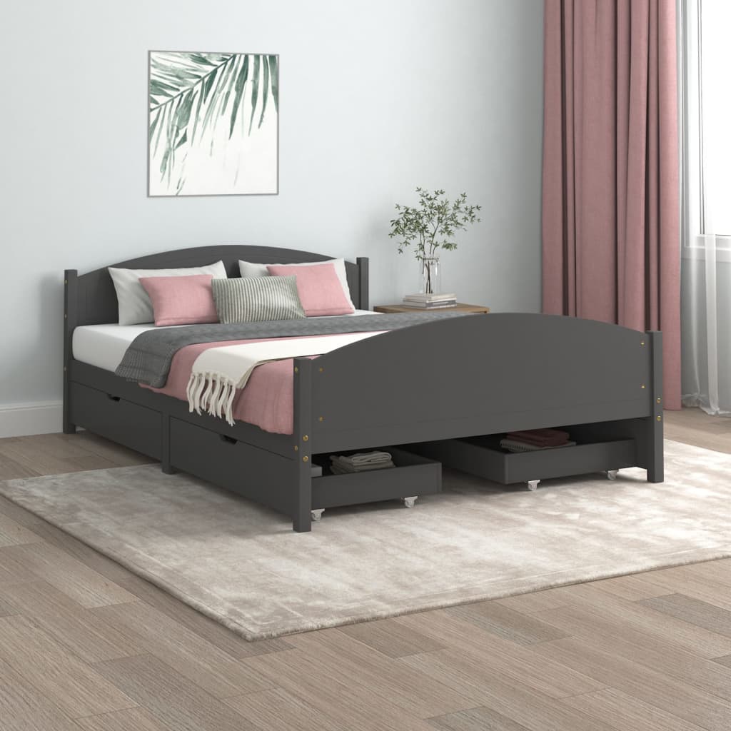 Berkfield Bed Frame with 4 Drawers Dark Grey Solid Wood Pine 140x200 cm