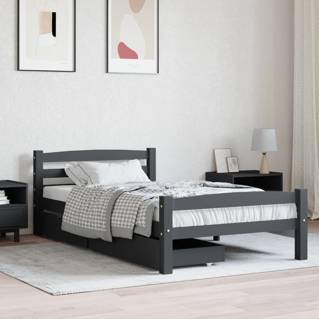 Berkfield Bed Frame with 2 Drawers Dark Grey Solid Pinewood 100x200 cm