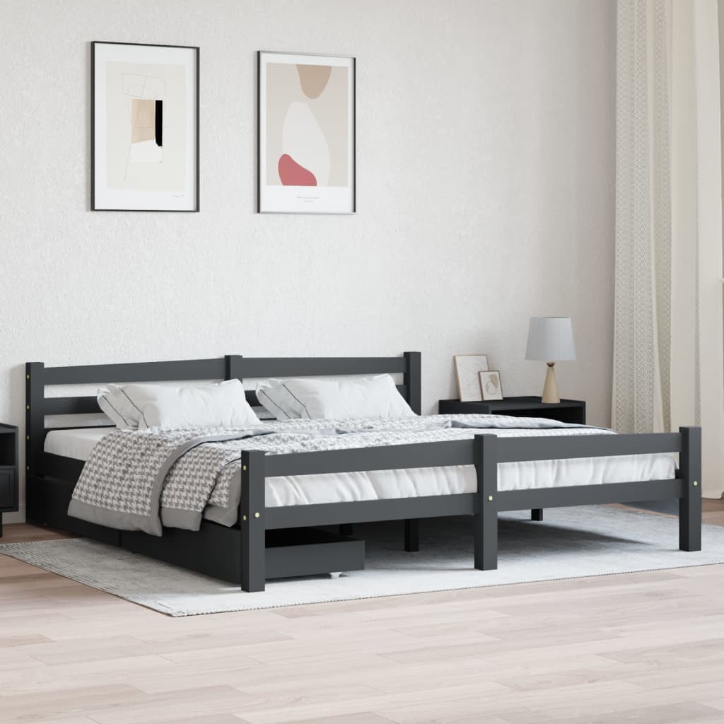 Berkfield Bed Frame with 2 Drawers Dark Grey Solid Pinewood 180x200 cm 6FT Super King