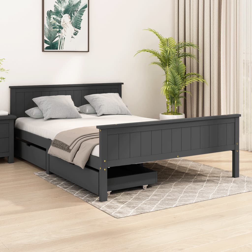 Berkfield Bed Frame with 2 Drawers Dark Grey Solid Wood Pine 140x200 cm