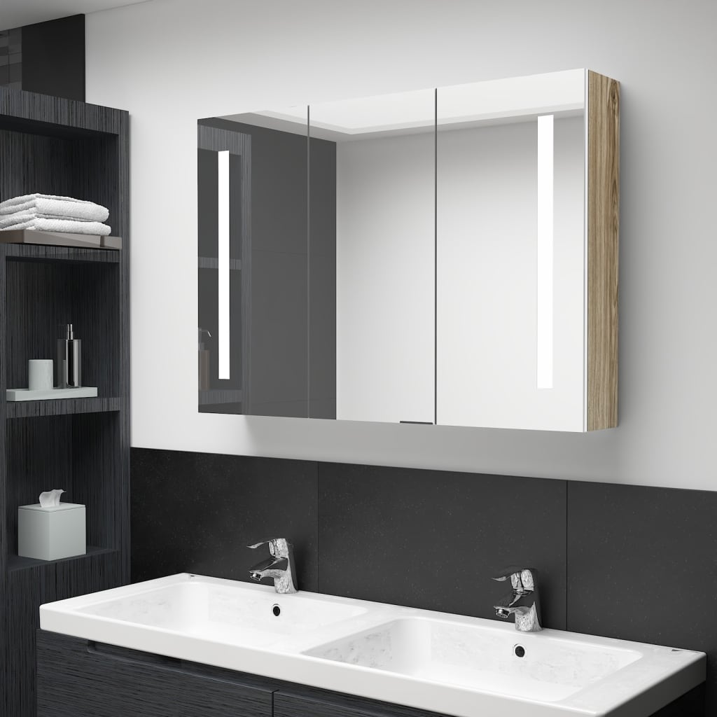 Berkfield LED Bathroom Mirror Cabinet 89x14x62 cm White and Oak