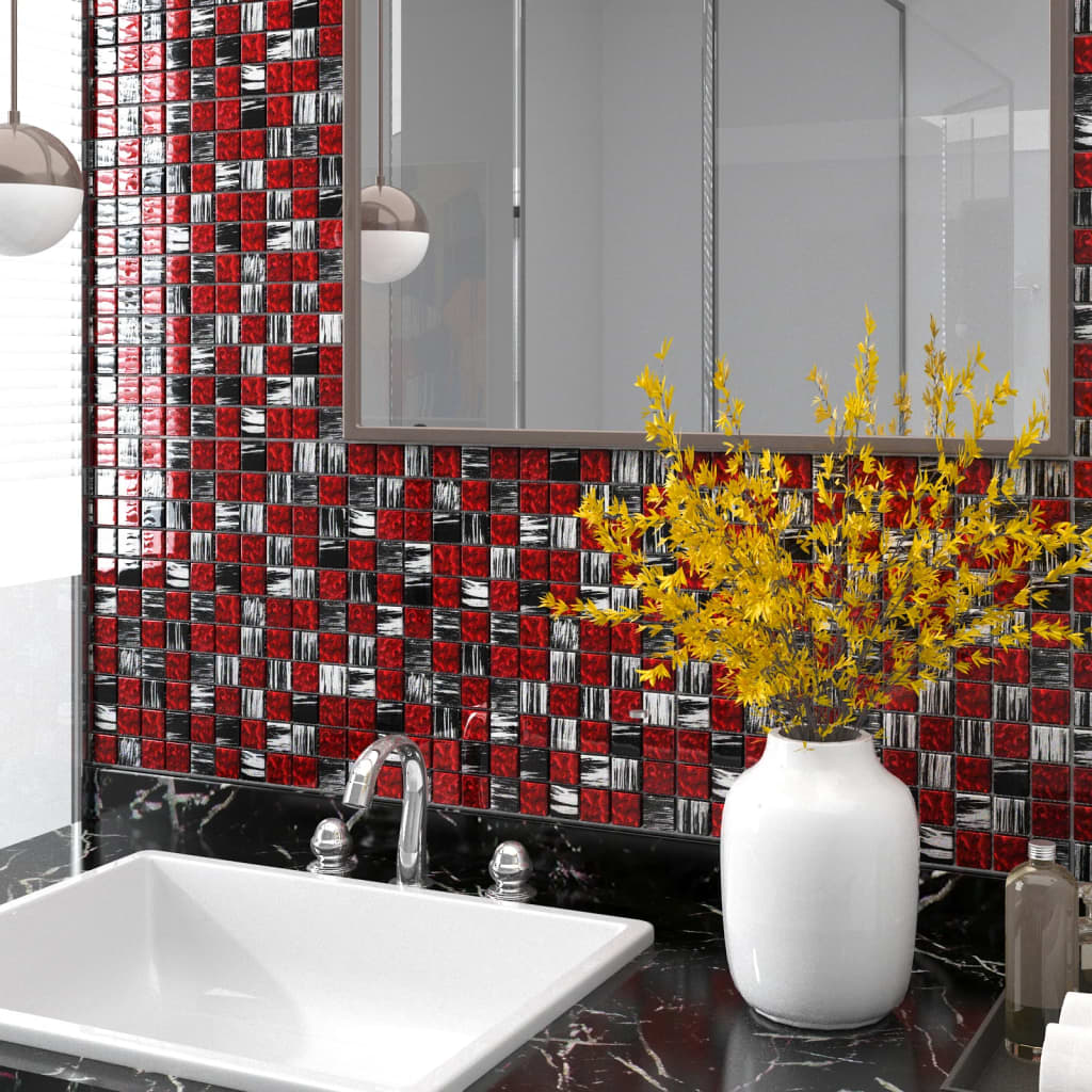 Berkfield Mosaic Tiles 11 pcs Black and Red 30x30 cm Glass