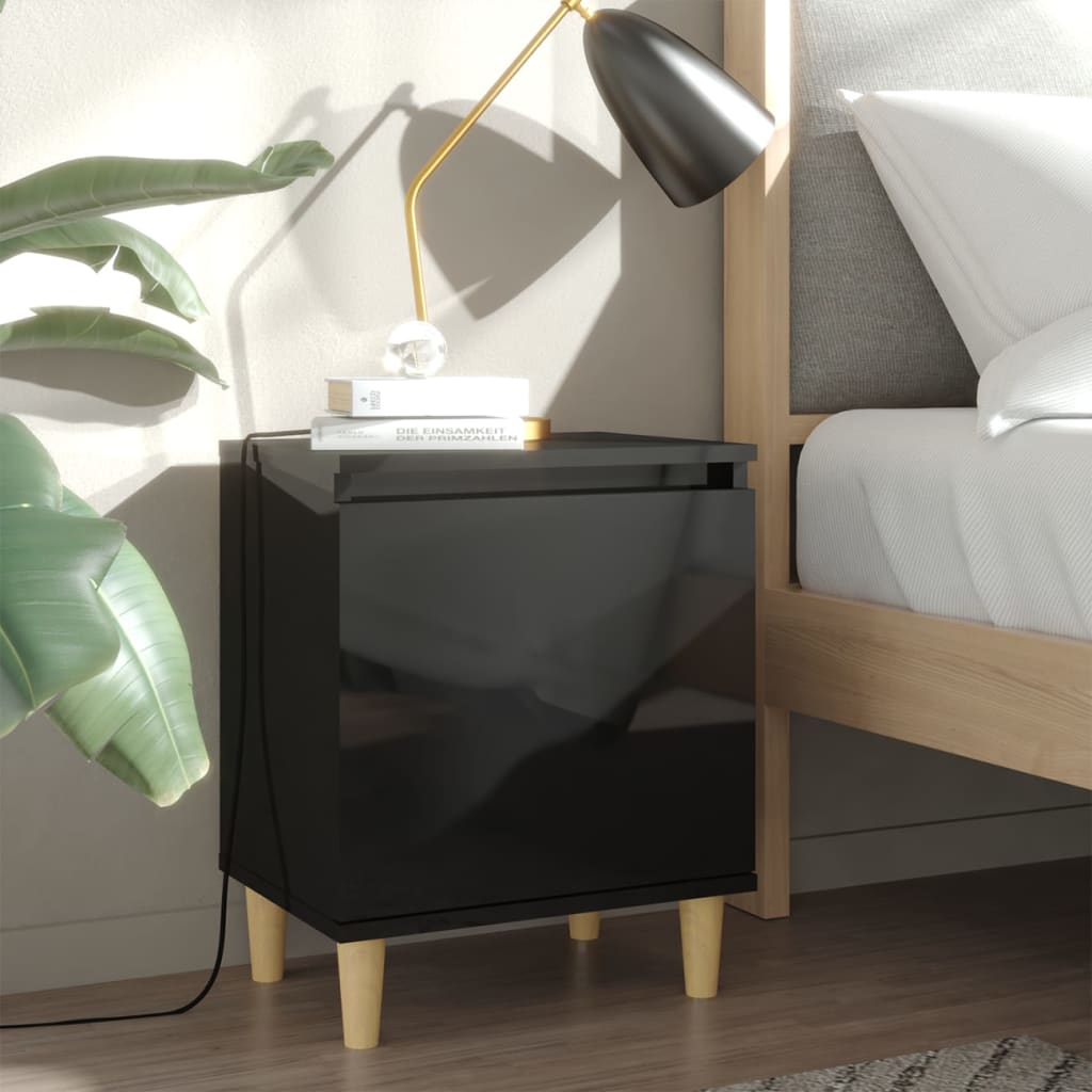 Berkfield Bed Cabinet with Solid Wood Legs High Gloss Black 40x30x50cm