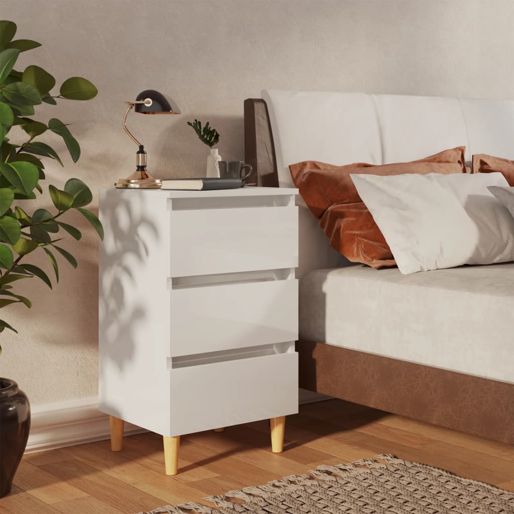 Berkfield Bed Cabinet with Solid Wood Legs High Gloss White 40x35x69 cm