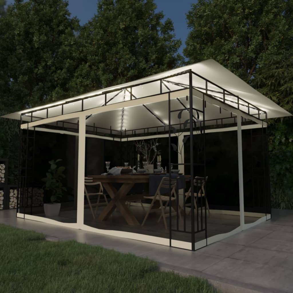 Berkfield Gazebo with Mosquito Net&LED String Lights 4x3x2.73 m Cream