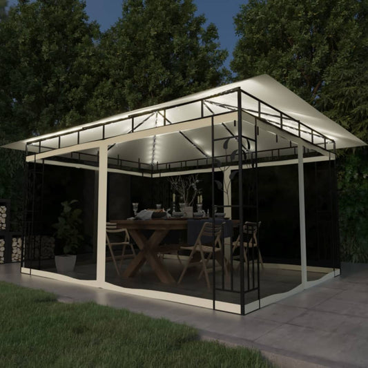 Berkfield Gazebo with Mosquito Net&LED String Lights 4x3x2.73 m Cream