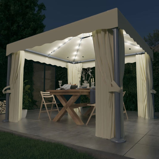 Berkfield Gazebo with Curtain&LED String Lights 3x3 m Cream White