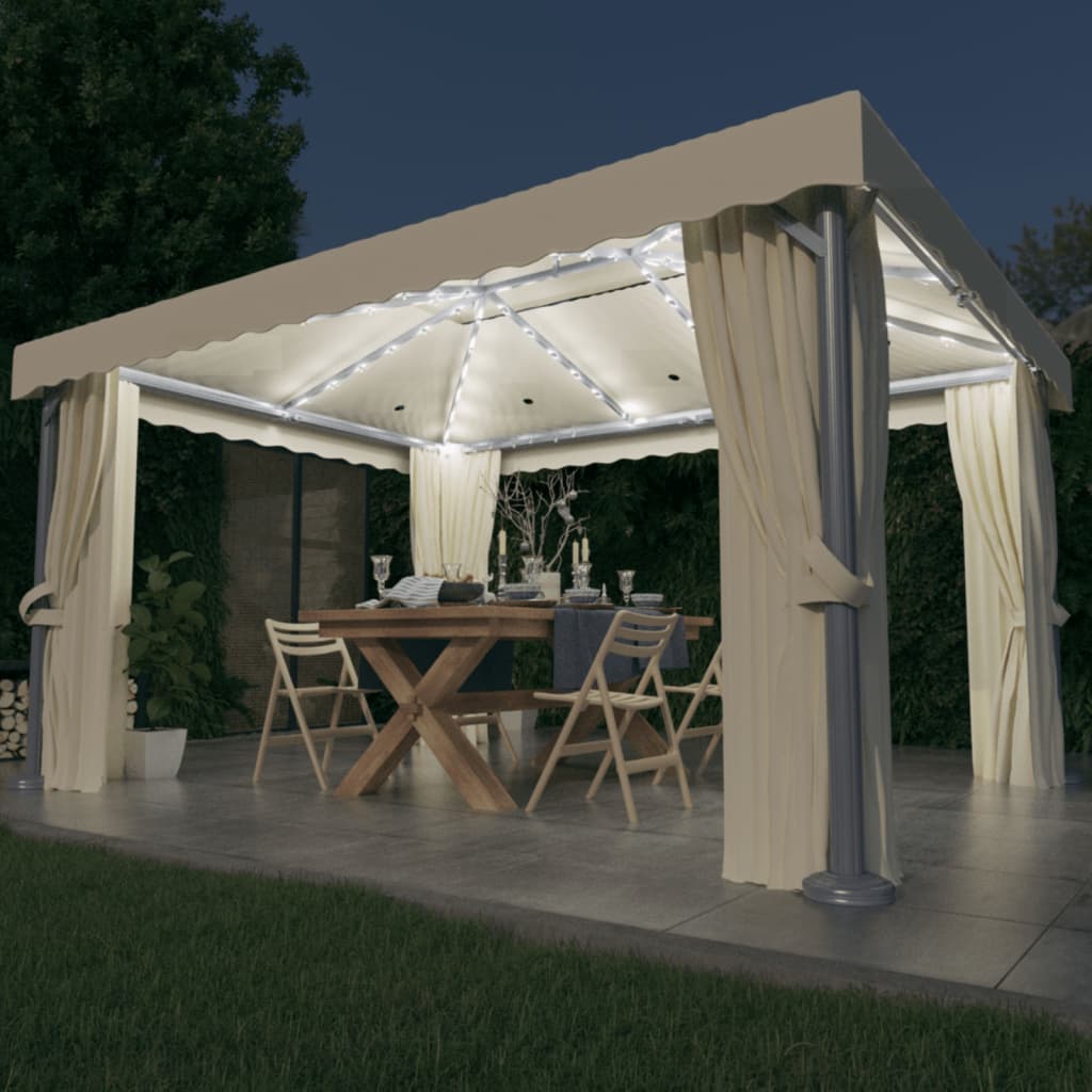 Berkfield Gazebo with Curtain&LED String Lights 4x3 m Cream White