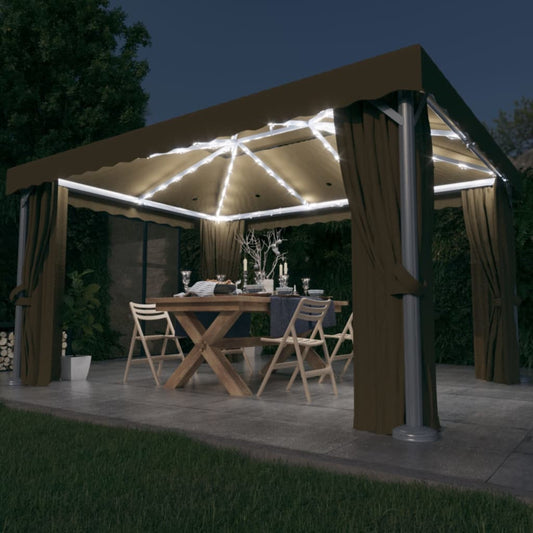 Berkfield Gazebo with Curtain&LED String Lights 4x3 m Taupe
