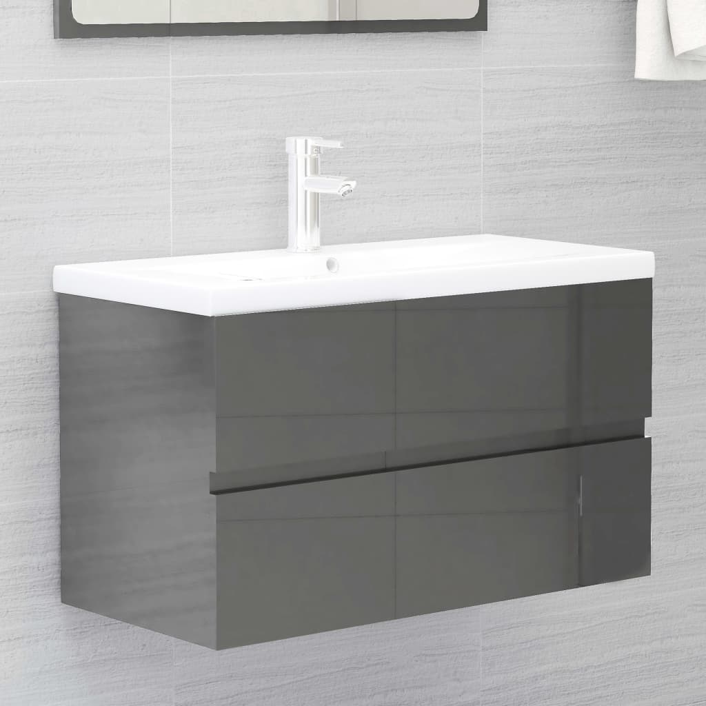 Berkfield Sink Cabinet with Built-in Basin High Gloss Grey Engineered Wood
