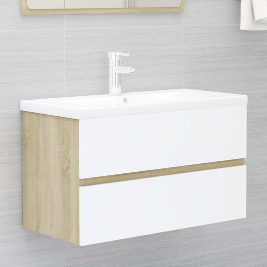 Berkfield Sink Cabinet with Built-in Basin White and Sonoma Oak Engineered Wood