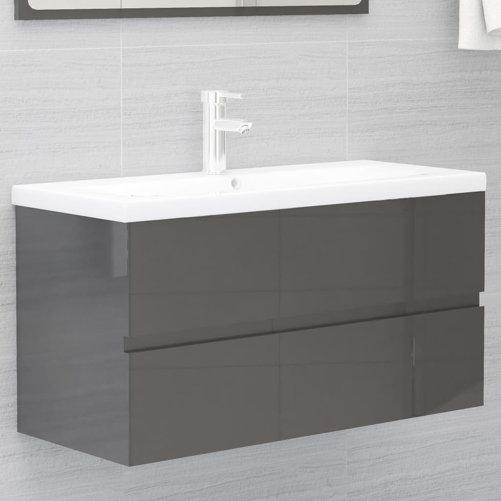 Berkfield Sink Cabinet with Built-in Basin High Gloss Grey Engineered Wood