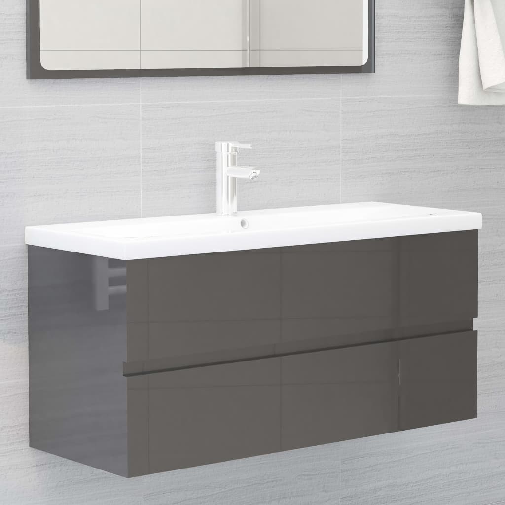 Berkfield Sink Cabinet with Built-in Basin High Gloss Grey Engineered Wood