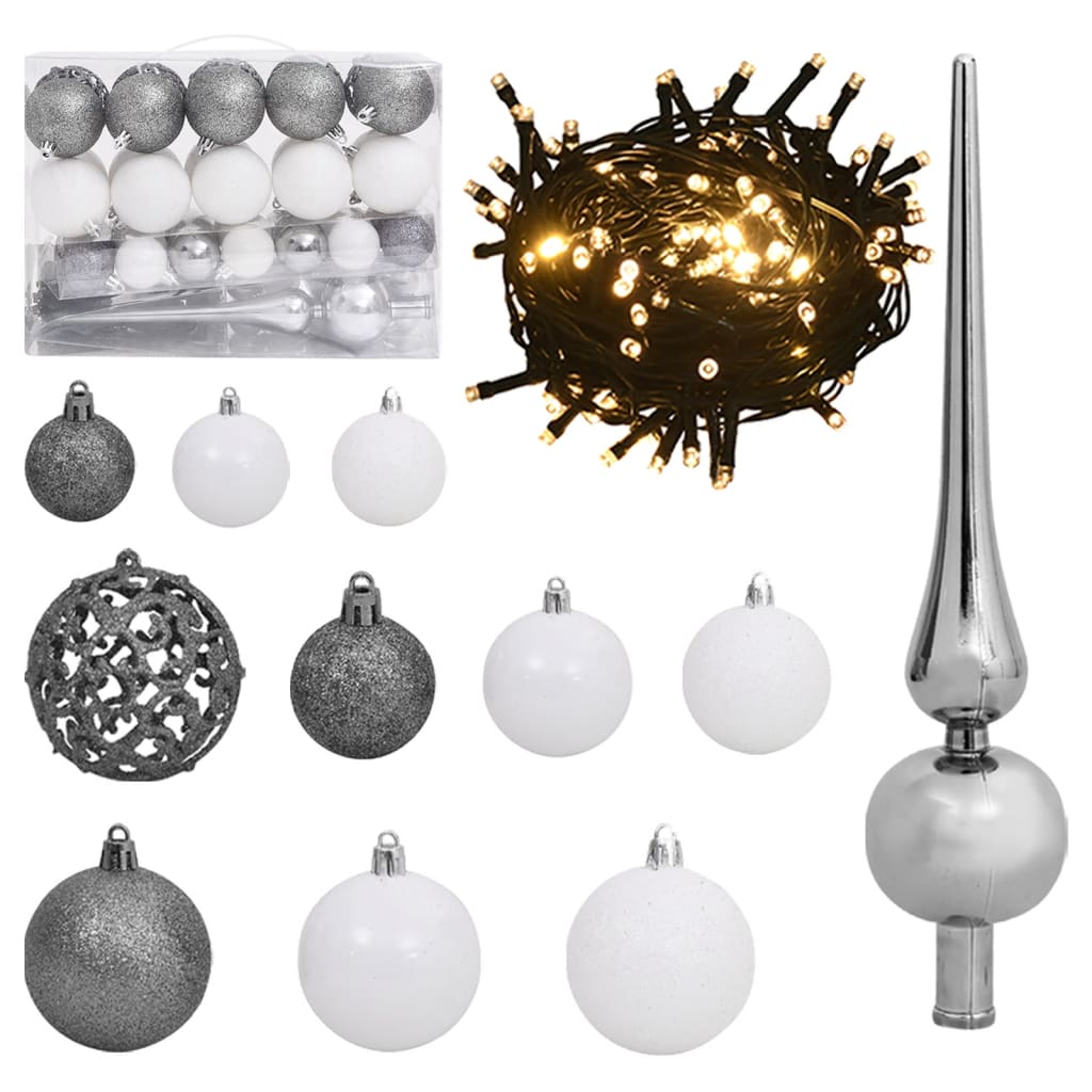 Berkfield 61 Piece Christmas Ball Set with Peak and 150 LEDs White&Gey