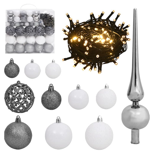 Berkfield 120 Piece Christmas Ball Set with Peak and 300 LEDs White&Gey