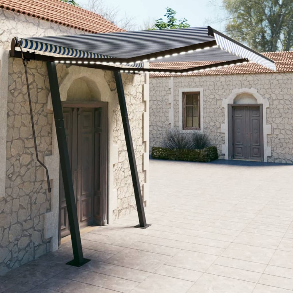 Berkfield Manual Retractable Awning with LED 3.5x2.5 m Blue and White
