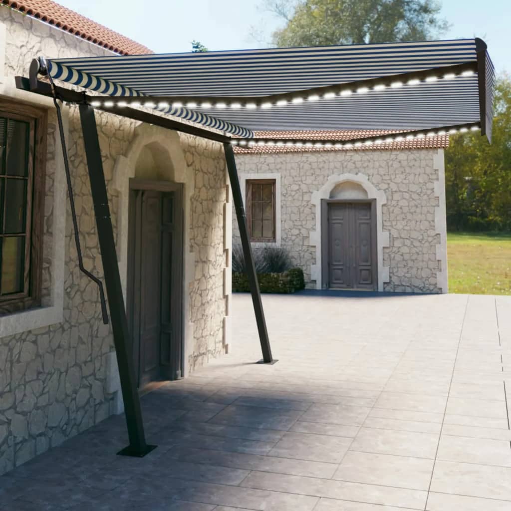 Berkfield Manual Retractable Awning with LED 4.5x3 m Blue and White