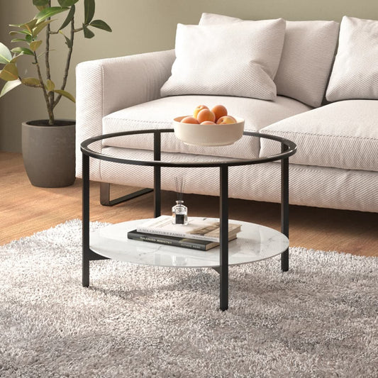 Berkfield Tea Table Black and White Marble 70 cm Tempered Glass