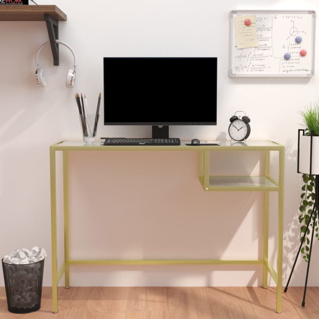 Berkfield Computer Desk White and Gold 100x36x74 cm Glass