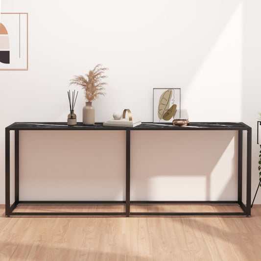 Berkfield Console Table Black Marble 200x35x75.5cm Tempered Glass