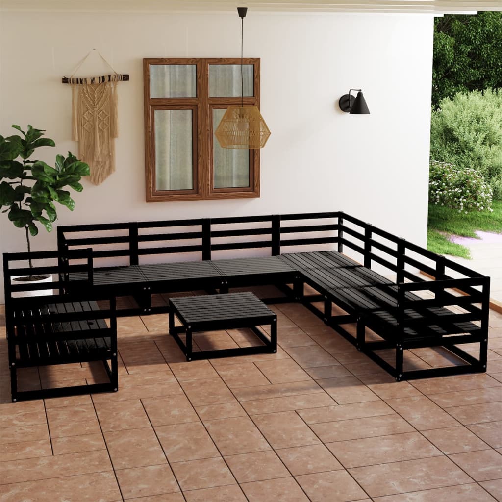 Berkfield 10 Piece Garden Lounge Set Black Solid Pinewood