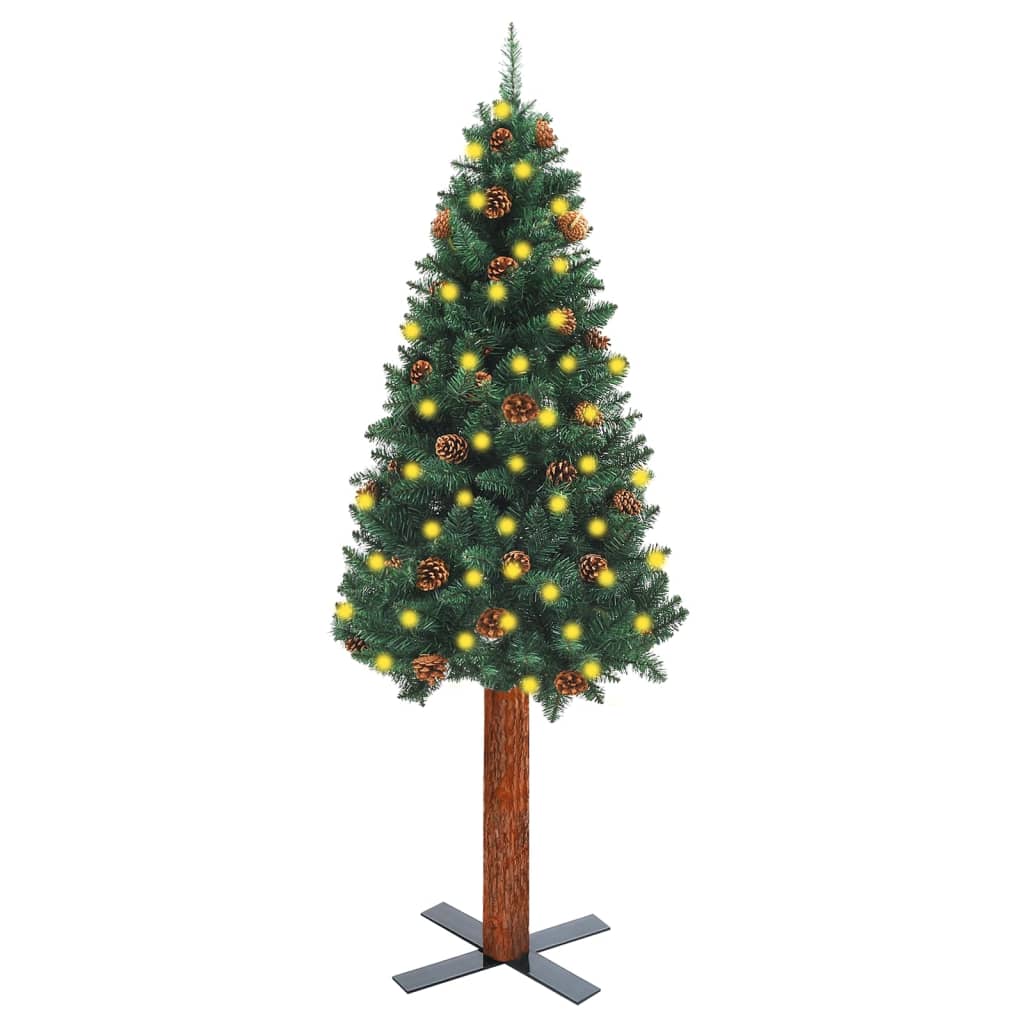 Berkfield Slim Christmas Tree with LEDs&Real Wood&Cones Green 210 cm