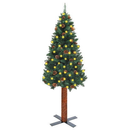 Berkfield Slim Christmas Tree with LEDs&Real Wood&Cones Green 210 cm