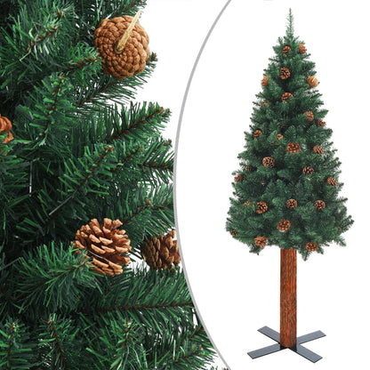 Berkfield Slim Christmas Tree with LEDs&Real Wood&Cones Green 210 cm