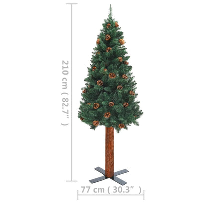 Berkfield Slim Christmas Tree with LEDs&Real Wood&Cones Green 210 cm