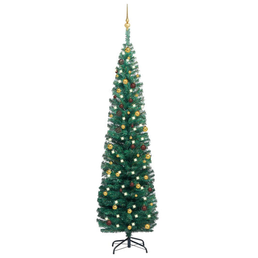 Berkfield Slim Artificial Christmas Tree with LEDs&Ball Set Green 210 cm