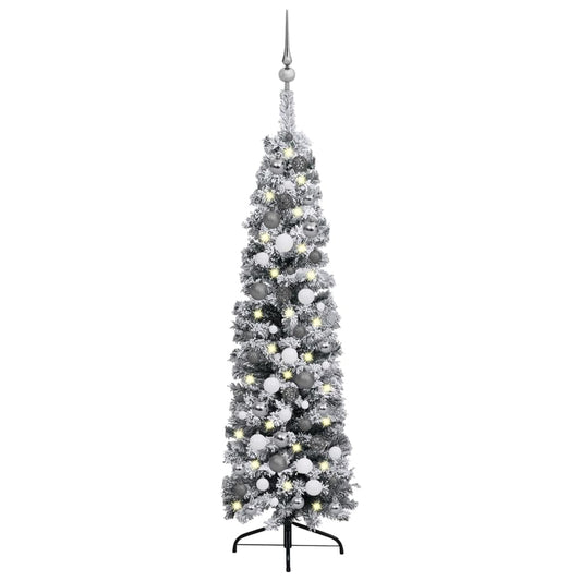 Berkfield Slim Christmas Tree with LEDs&Ball Set&Flocked Snow Green 120cm