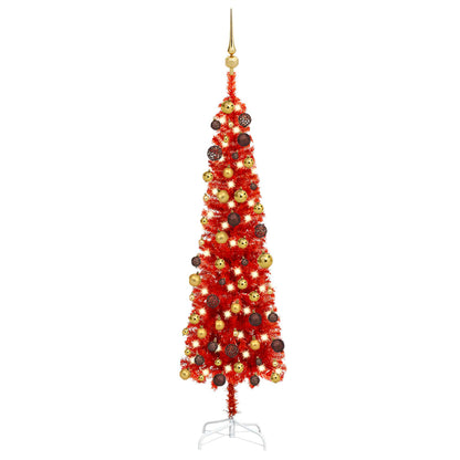 Berkfield Slim Christmas Tree with LEDs&Ball Set Red 120 cm