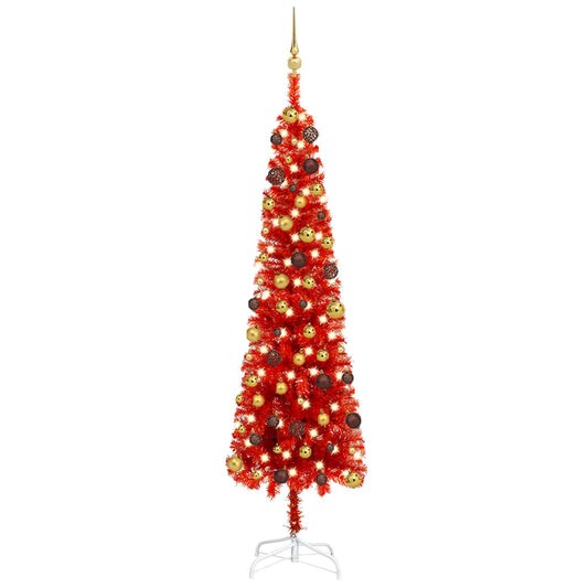 Berkfield Slim Christmas Tree with LEDs&Ball Set Red 210 cm