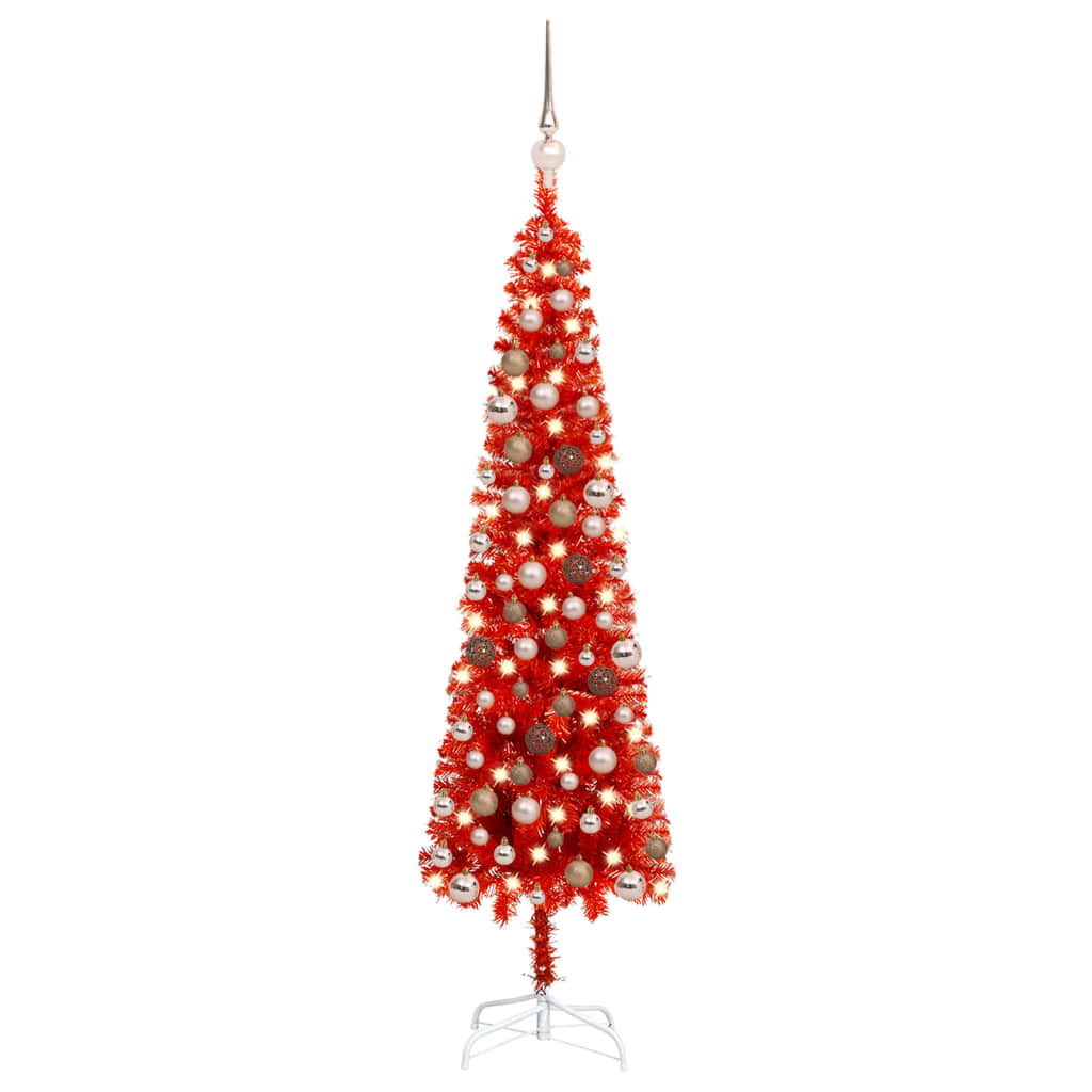 Berkfield Slim Christmas Tree with LEDs&Ball Set Red 120 cm
