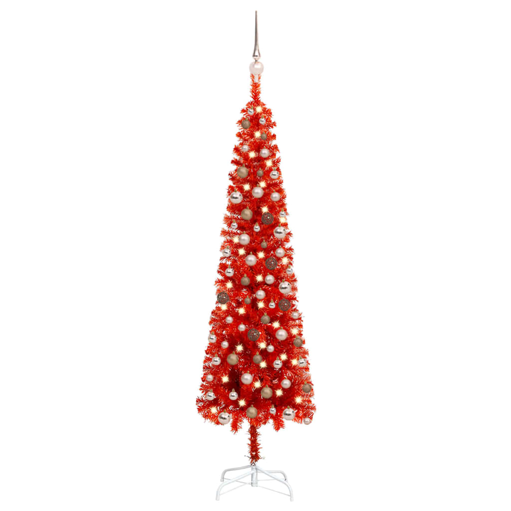 Berkfield Slim Christmas Tree with LEDs&Ball Set Red 180 cm