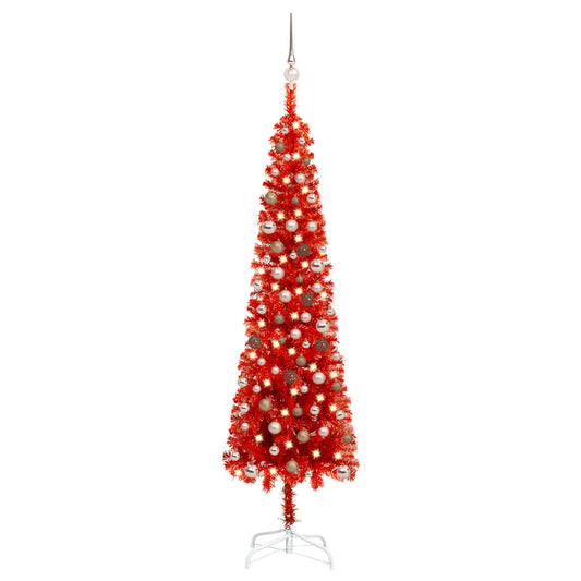 Berkfield Slim Christmas Tree with LEDs&Ball Set Red 210 cm