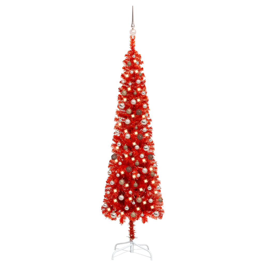 Berkfield Slim Christmas Tree with LEDs&Ball Set Red 240 cm