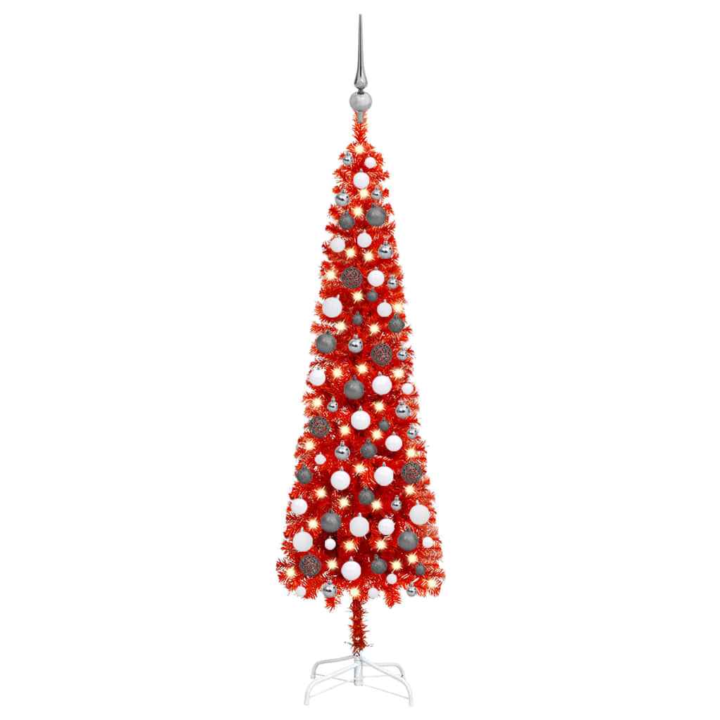 Berkfield Slim Christmas Tree with LEDs&Ball Set Red 120 cm