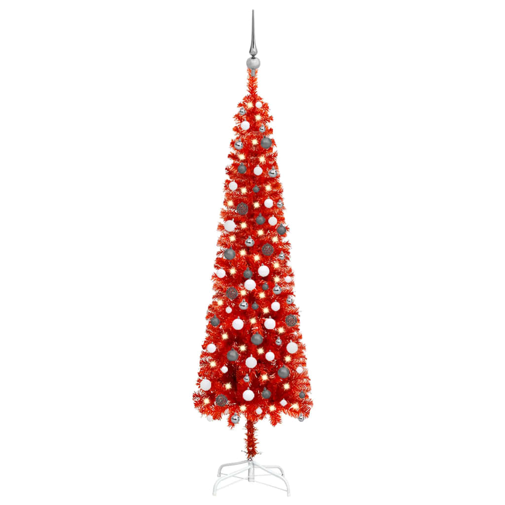 Berkfield Slim Christmas Tree with LEDs&Ball Set Red 210 cm
