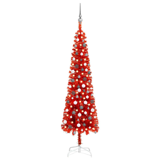 Berkfield Slim Christmas Tree with LEDs&Ball Set Red 210 cm