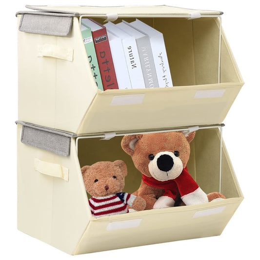 Berkfield Stackable Storage Boxes with Lid Set of 2 pcs Fabric Grey&Cream