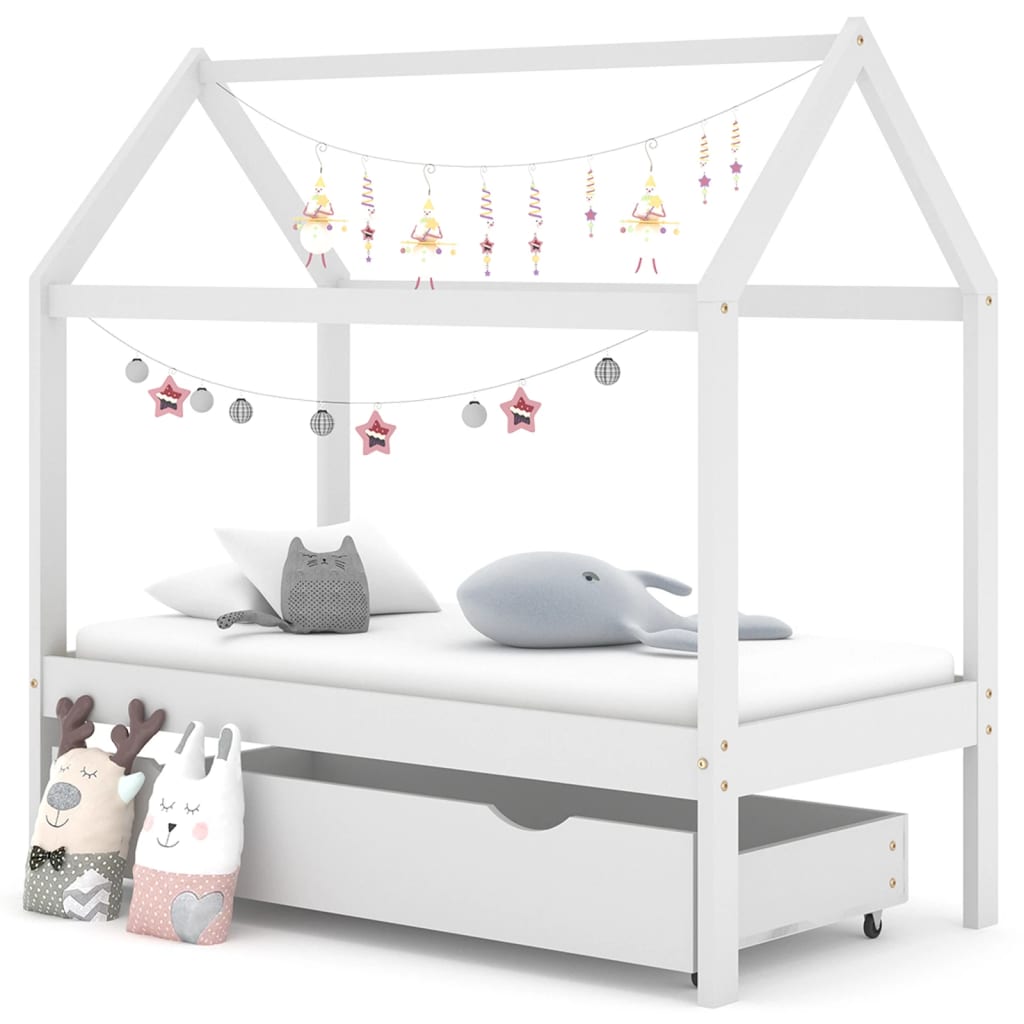 Berkfield Kids Bed Frame with a Drawer White Solid Pine Wood 70x140 cm