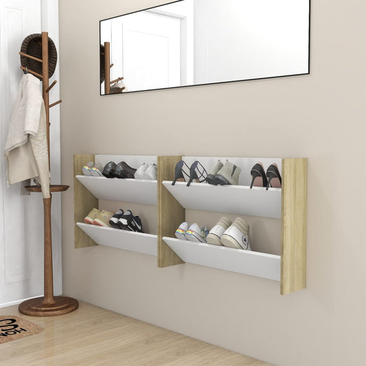 Berkfield Wall Shoe Cabinets 2 pcs White&Sonoma Oak 80x18x60 cm Engineered Wood