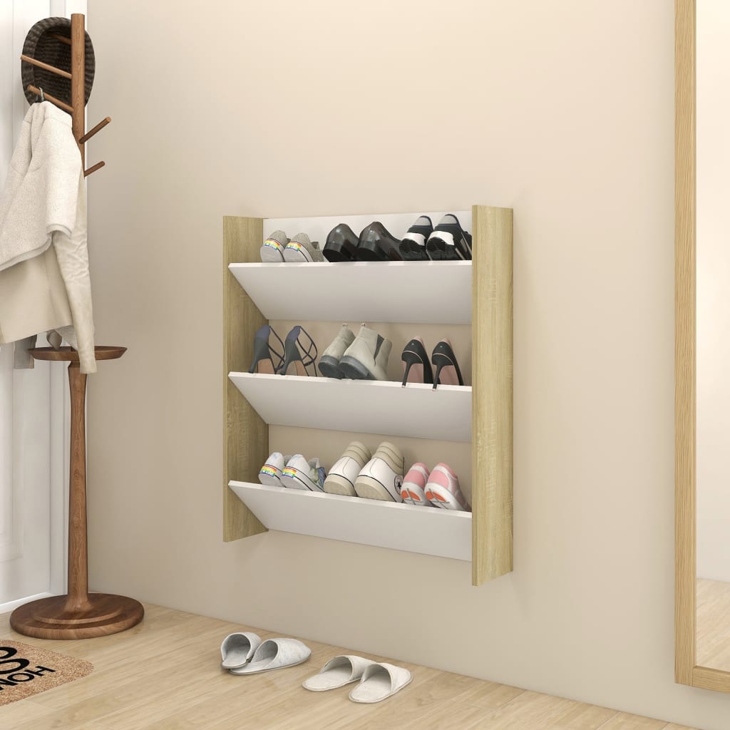 Berkfield Wall Shoe Cabinet White and Sonoma Oak 80x18x90 cm Engineered Wood