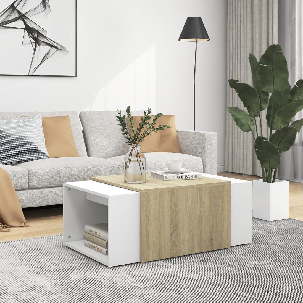 Berkfield 3 Piece Nesting Coffee Table Set White & Sonoma Oak 60x60x38 cm