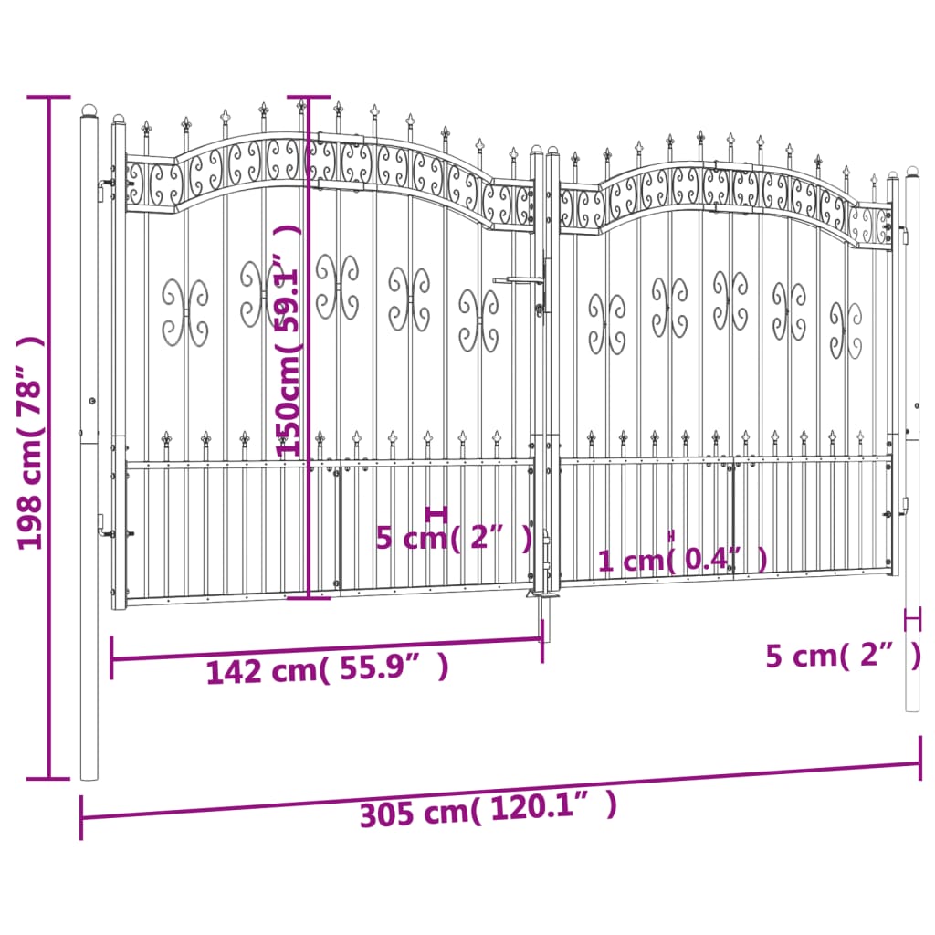 Berkfield Fence Gate with Spear Top Black 305x198 cm Powder-coated Steel