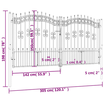Berkfield Fence Gate with Spear Top Black 305x198 cm Powder-coated Steel