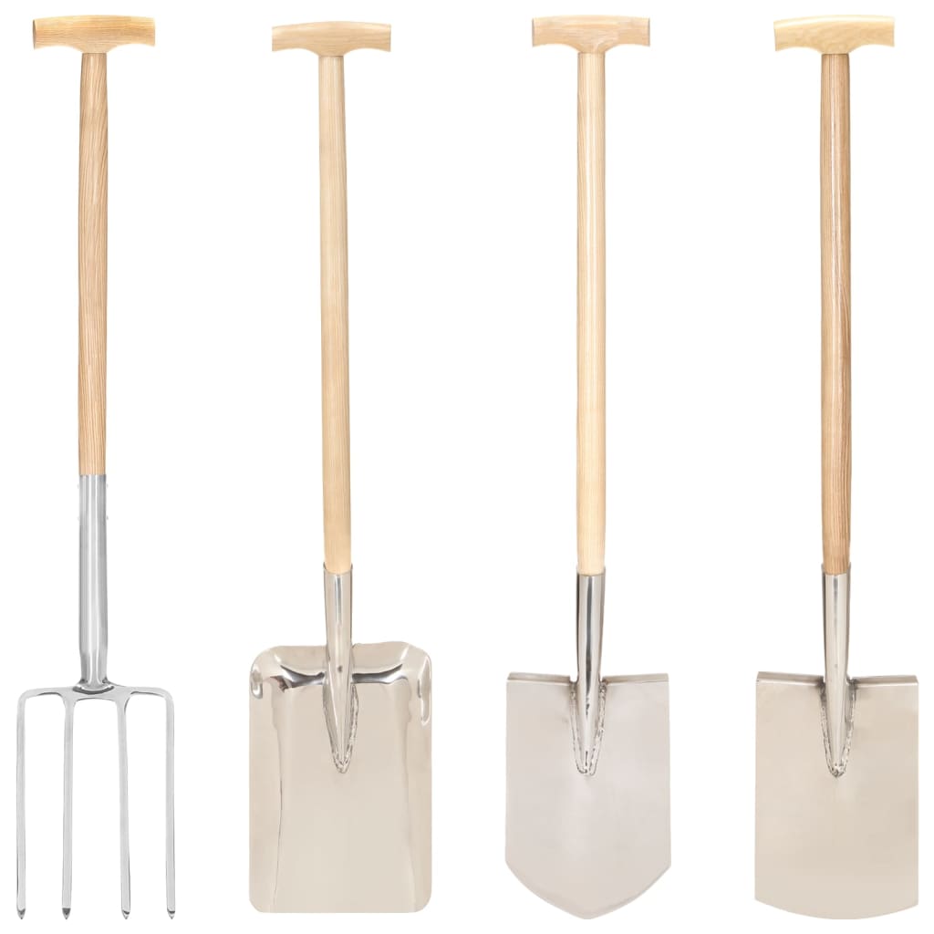 Berkfield 4 Piece Garden Tool Set T Grip Stainless Steel and Ashwood