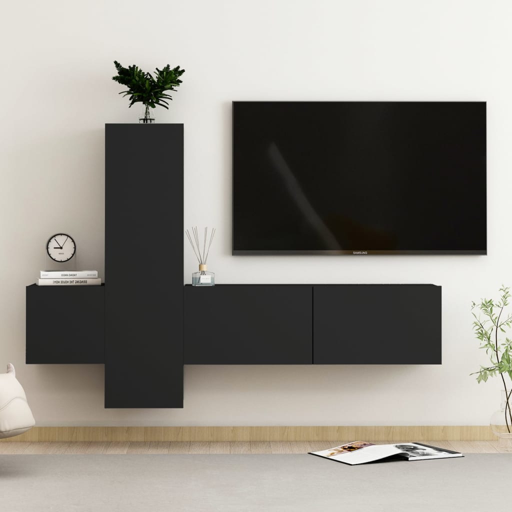 Berkfield 3 Piece TV Cabinet Set Black Engineered Wood